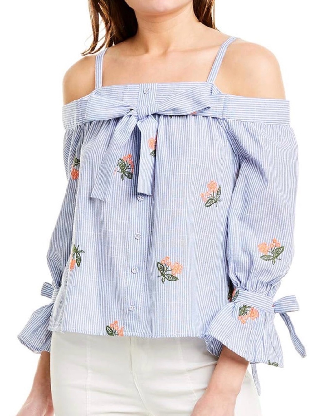 J.O.A. Blue Striped Cold-Shoulder Embroidered Floral Blouse